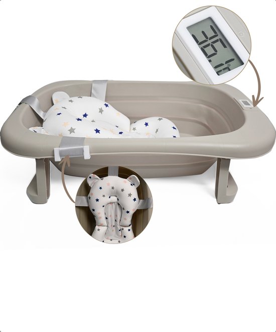 Bellettini® Opvouwbaar Baby Bad inclusief kussen - Babybad Met ingebouwde Temperatuur - Peuterbad - Oatmeal
