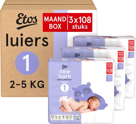 Etos Luiers - Newborn - Maat 1 - 2 tot 5 kg - Maandbox - 324 stuks