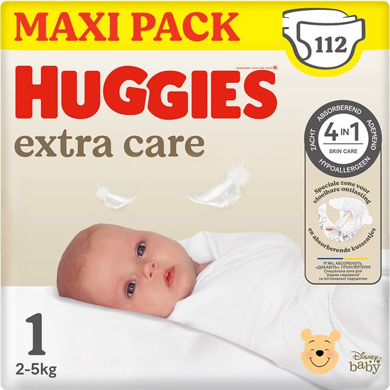 Huggies® Extra Care baby luiers, Maat 1 (2 tot 5 kg), 112 luiers met vochtindicator en Disney designs, Maxi Pack