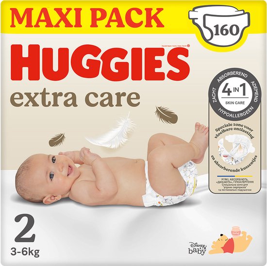 Huggies® Extra Care baby luiers, Maat 2 (3 tot 6 kg), 160 luiers met vochtindicator en Disney designs, Maxi Pack
