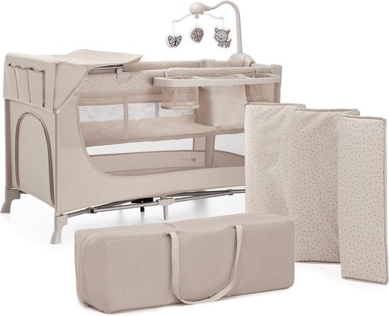 Kinderkraft JOY 2 ACC Reisbed 3-in-1 – Voor baby's tot 15 kg – Snel inklapbaar – Inclusief speelcarrousel, luierplateau, aankleedonderlegger en draagtas – Beige