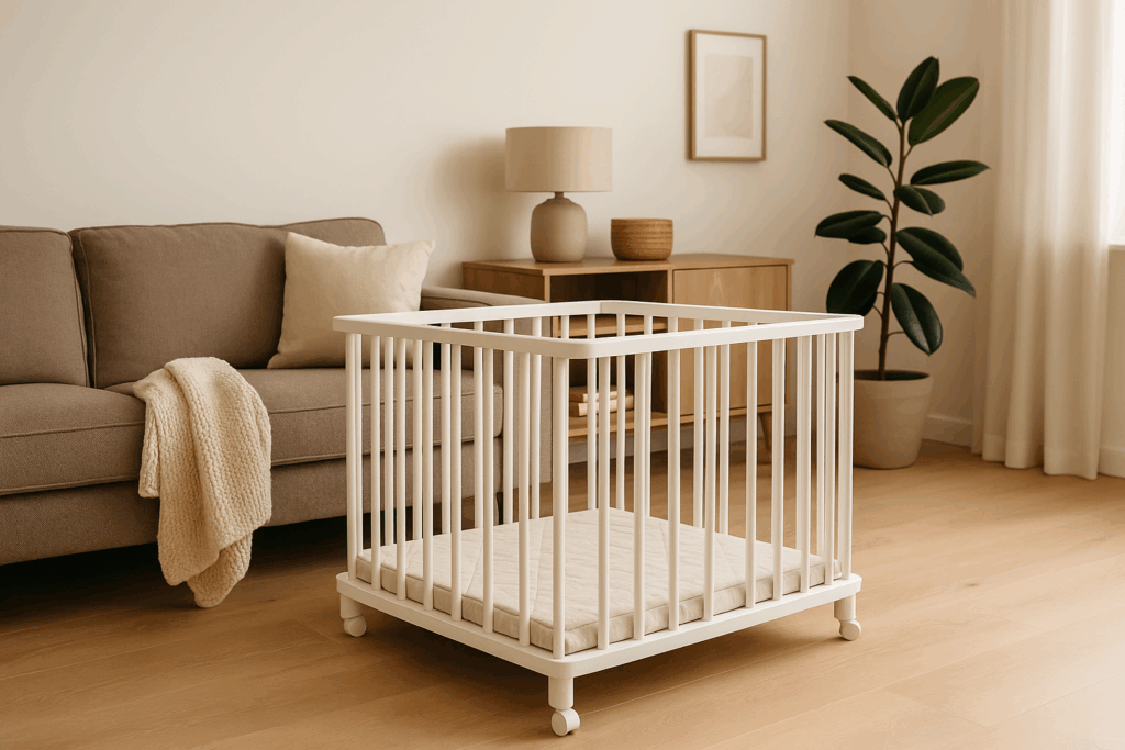 Witte babybox met zacht beige boxkleed in een warme, moderne woonkamer met houten vloer, beige bank, planten en zacht daglicht.